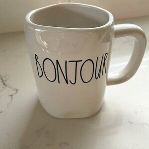 Rae Dunn Artisan Collection 'Bonjour' Ceramic Mug White Black Print Sz OS NWT